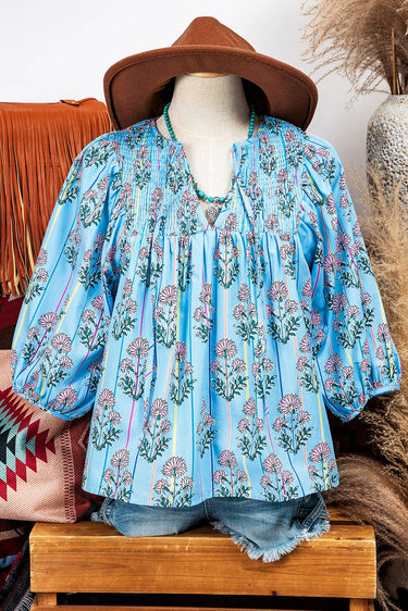 Floral Stripe Print Shirred Yoke Split Neck Blouse